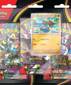 The Pokémon TCG: Mega Evolution - Pitch Black Rising 3-Pack Blister includes: 3 Pitch Black Booster Packs Each booster pack contains 10 cards and 1 Basic Energy 1 foil promo card featuring Binacle