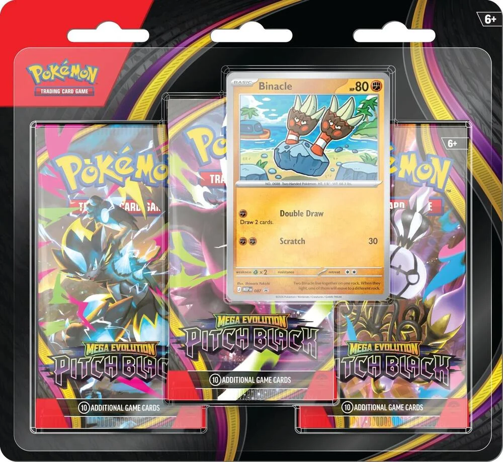 The Pokémon TCG: Mega Evolution - Pitch Black Rising 3-Pack Blister includes: 3 Pitch Black Booster Packs Each booster pack contains 10 cards and 1 Basic Energy 1 foil promo card featuring Binacle
